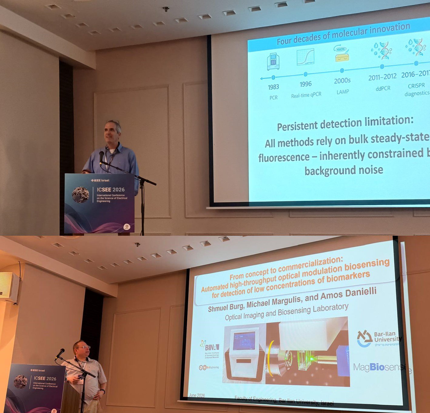 On June 10–11, the International Conference on the Science of Electrical Engineering (ICSEE), a biennial conference organized by the IEEE (Institute of Electrical and Electronics Engineers) Israel Section, was held in Jerusalem, bringing together researchers and engineers from academia and industry.

During the conference, Prof. Amos Danielli, chair of the Bioengineering Session, delivered an invited lecture titled "Rapid and Highly Sensitive Detection of Pathogens in Biological Fluids."

In the same session, our Ph.D. student, Shmuel Burg, presented his work on the development of the Optical Modulation Biosensing platform (OMBi), highlighting its progression from concept to commercialization. He also introduced a novel technology recently developed in our laboratory, the Chopped Optical Biosensing (COB), as part of our ongoing efforts toward point-of-care (POC) diagnostic applications.