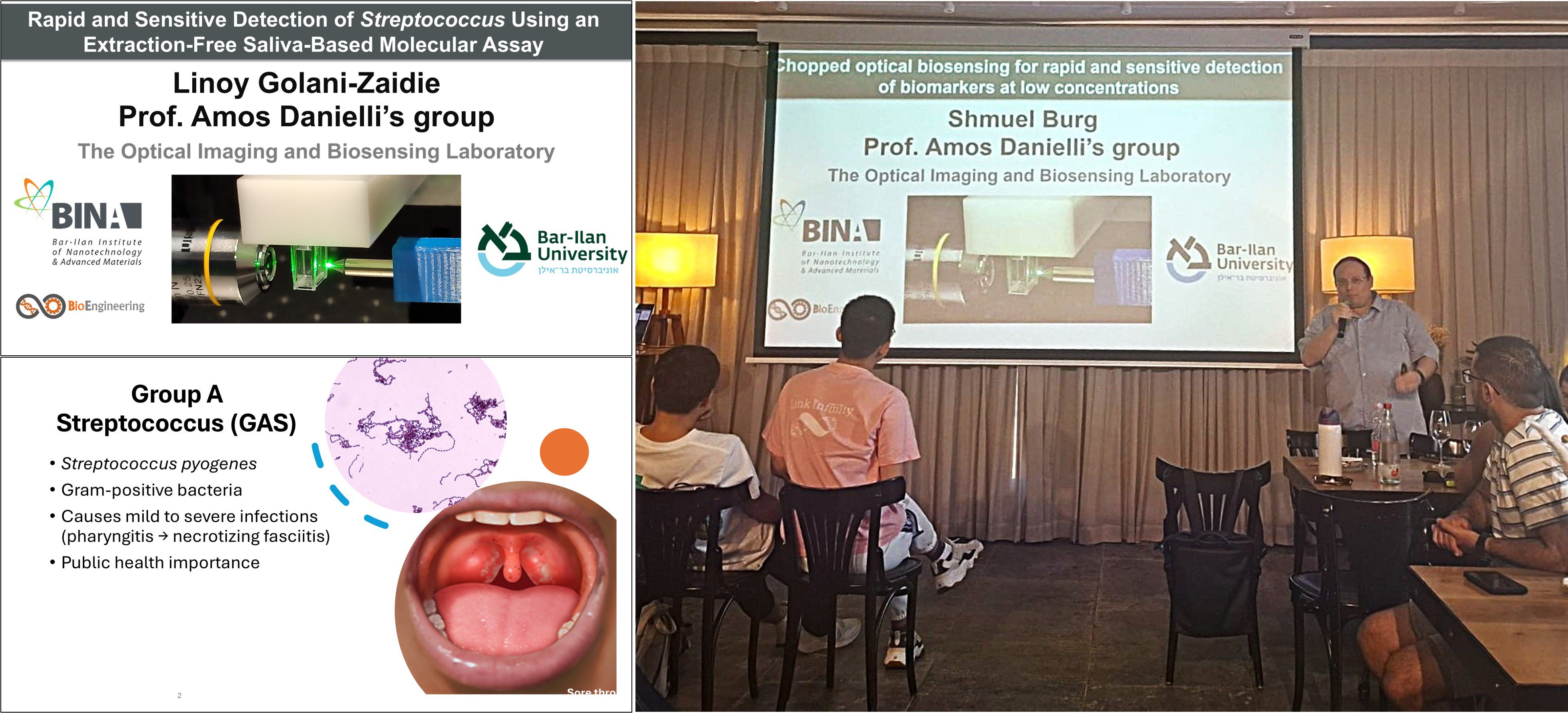On September 4th, the Bioengineering Track at Bar-Ilan University held its annual gathering, the first under Prof. Amos Danielli’s leadership. The program featured scientific presentations and community engagement activities. As part of the academic program, our Biological Laboratory Manager, Dr. Linoy Golani-Zaidie, and our Ph.D. student, Shmuel Burg, delivered lectures showcasing recent research advancements conducted in the Optical Imaging and Biosensing Laboratory.